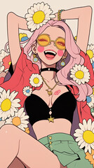 Retro comic style blonde women, starlight, hearts, flowers, blonde hair with bangles, purple or red green background on the Kawaii concept