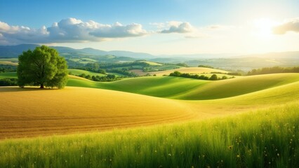 Fototapeta premium A picturesque farm wallpaper featuring rolling hills, lush green fields, and a solitary tree under a bright sky.