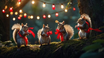 Four squirrels in festive attire with gifts, surrounded by holiday lights in a forest.