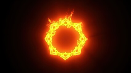 A glowing, fiery badge with a star-like shape, radiating bright orange and yellow flames against a dark background.