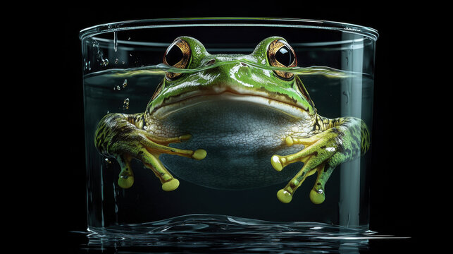 frog sits in glass bowl, surrounded by steam, creating whimsical atmosphere, boiling frog economy concept