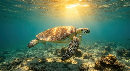 Obraz premium Sea Turtle Swimming in Clear Ocean Water with Sun Rays