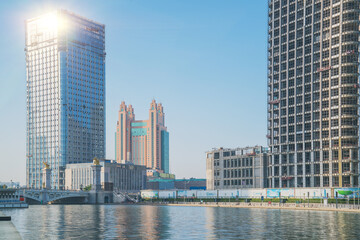 Obraz premium The urban architectural skyline, modern bridges, and Haihe River scenery of Tianjin, China on August 11, 2024
