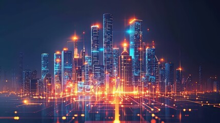 Obraz premium Digital futuristic city skyline with glowing skyscrapers. 