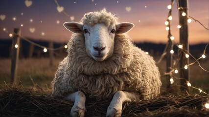 A serene sheep resting in a picturesque field at sunset, adorned with lights and hearts.
