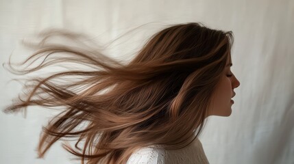 Naklejka premium Beautiful model girl with Brown hair strand,silky healthy chestnut wavy hair strand isolated on white background,hair wavy ribbon, with smooth texture,vibrant shine,brunette hairpiece, hairy ribbon.