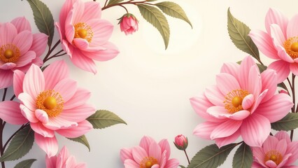 Beautiful pink flowers with green leaves on a light background, perfect for floral textile designs.