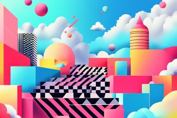 Obraz premium Colorful abstract city scene featuring geometric shapes and clouds