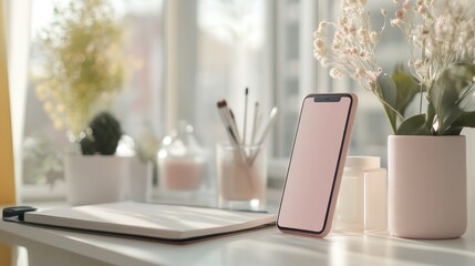Designing a cozy workspace with a phone mockup on a desk home office photography warm environment close-up comfort and productivity