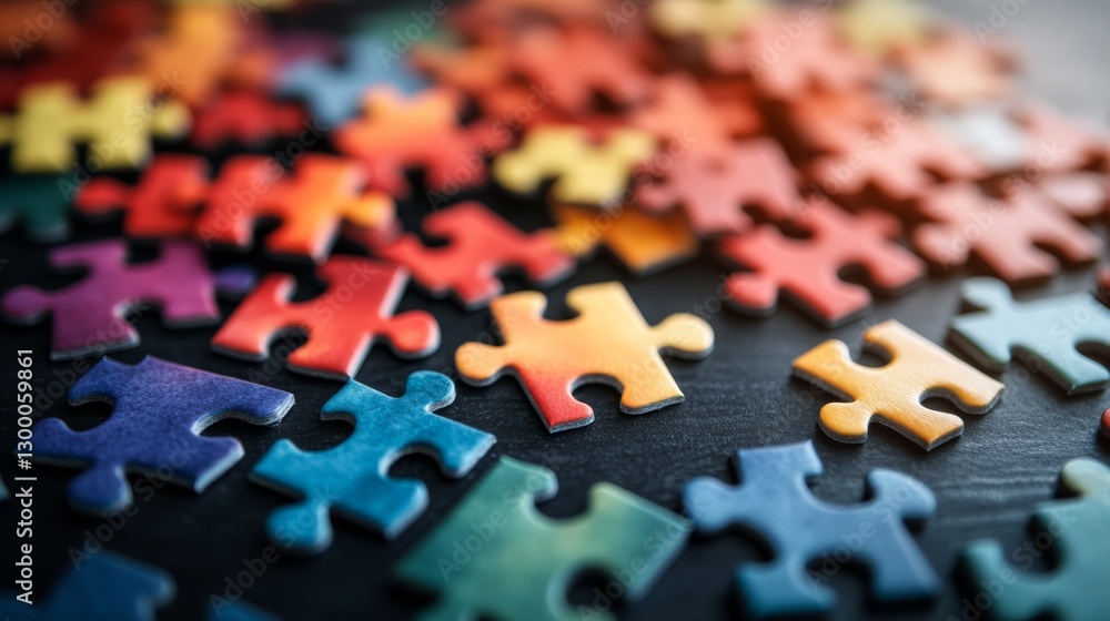 Aufkleber Close-up view of colorful interlocking puzzle pieces with watercolor textures, blending bright hues and creating a sense of unity, with space for text on the right