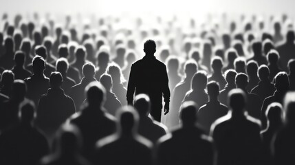 Obraz premium Pink silhouette of couple standing in monochrome crowd of different people,surreal unique and different concept,loneliness in society,shadow,freedom,Love,be yourself,Stand out from the crowd.