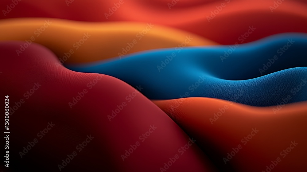 Poster Close-up view of softly flowing fabric in vibrant colors, captured mid-motion on a table, showcasing dynamic curves and copy space for text