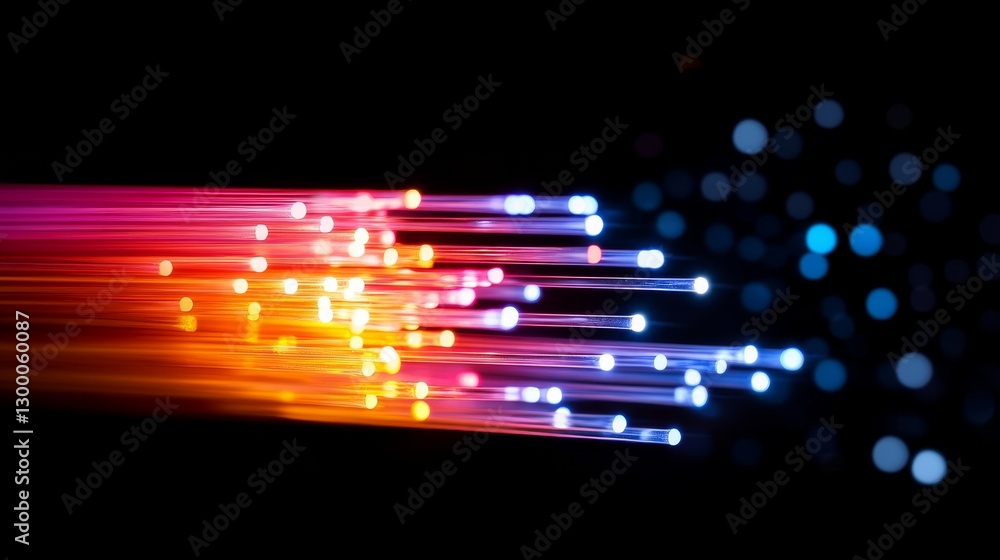 Poster Glowing fiber optic cables swirl in a mesmerizing pattern, creating colorful light trails against a dark backdrop with ample copy space to the left