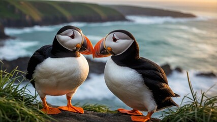 Two puffins standing close together on a grassy cliff overlooking the ocean at sunset.