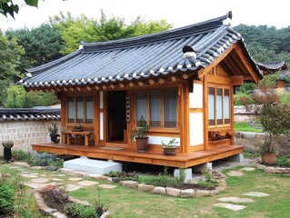 A traditional wooden structure sits in a grassy yard