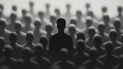 Obraz premium Pink silhouette of couple standing in monochrome crowd of different people,surreal unique and different concept,loneliness in society,shadow,freedom,Love,be yourself,Stand out from the crowd.