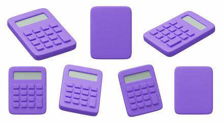 Set of colorful purple 3d cartoon calculators in various views on a white background