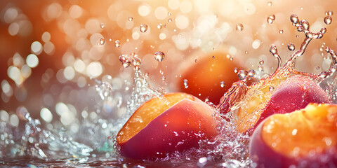Ripe and Juicy Yellow Plums and Peaches Captured in a Dynamic Water Splash, Highlighting Their Natural Sweetness and Refreshing Appeal

