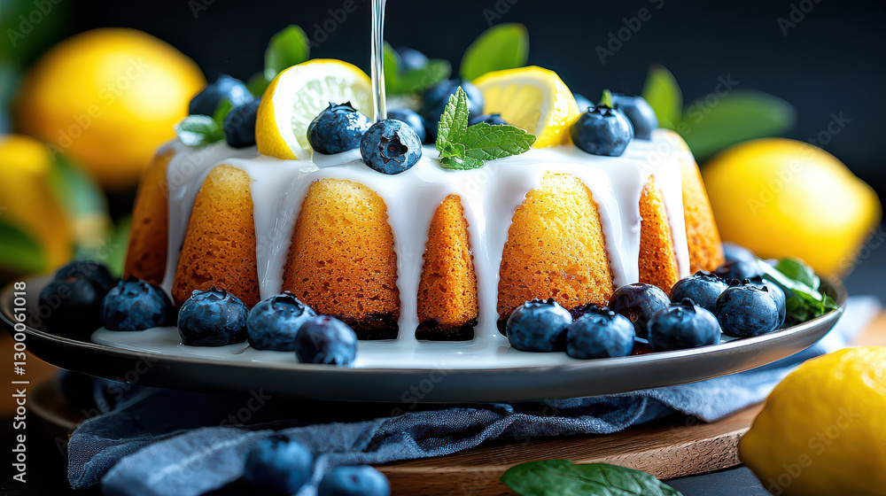 Poster beautifully textured blueberry bundt cake with luscious glaze is adorned with fresh blueberries and 