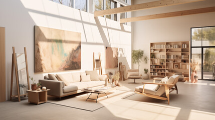 Spacious industrial-style loft with large white blank walls, minimalist furniture, and plants, enhanced by warm natural lighting for a cozy atmosphere.