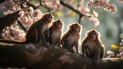 Four monkeys sitting on a branch surrounded by cherry blossoms in a serene setting.