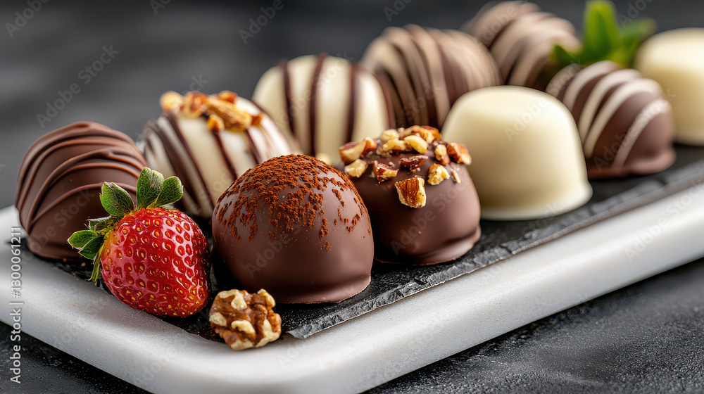 Aufkleber close up of luxurious handcrafted chocolate truffles with various toppings, including nuts and cocoa