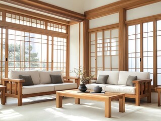 Fototapeta premium Japanese style interiors of the living room displaying furniture