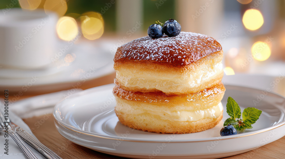 Poster golden and airy souffle style baked custard with delicate texture is topped with blueberries and dusted with powdered sugar, creating inviting dessert scene