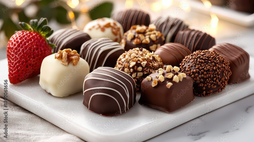 Poster luxurious assortment of handcrafted chocolate truffles with various toppings, including nuts and fre