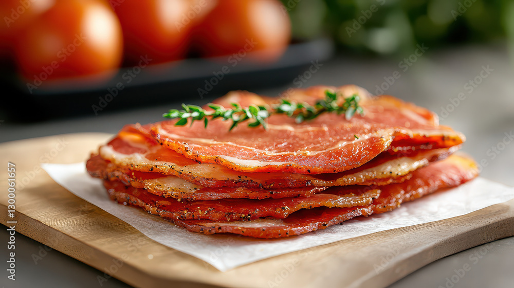 Poster stack of dry cured bacon slices garnished with fresh herbs on wooden board, with tomatoes in background, creates rustic and appetizing presentation