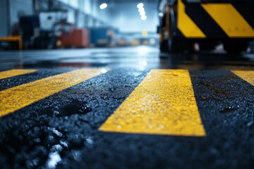 Yellow anti-slip markings on a textured black rubber floor provide essential safety features in a factory setting. Copy space is included for messaging