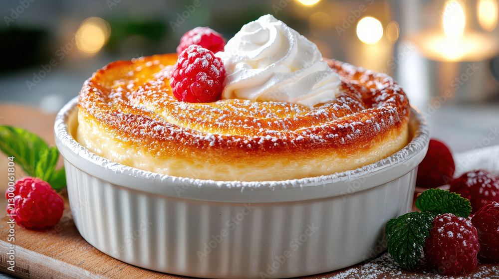 Poster warm and golden brown baked custard dessert with light, fluffy texture is topped with whipped cream 