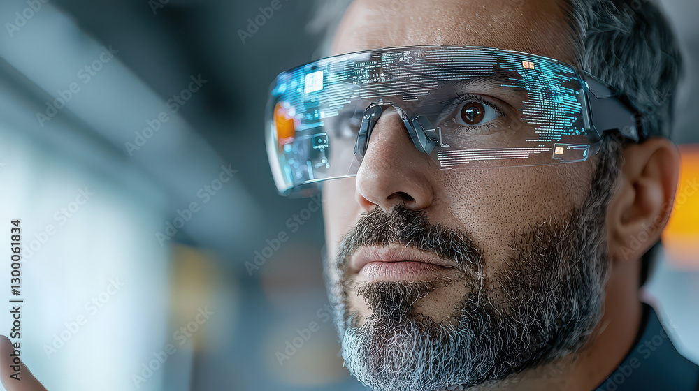 Leinwandbilder man wearing futuristic augmented reality glasses in modern setting, showcasing digital interfaces an