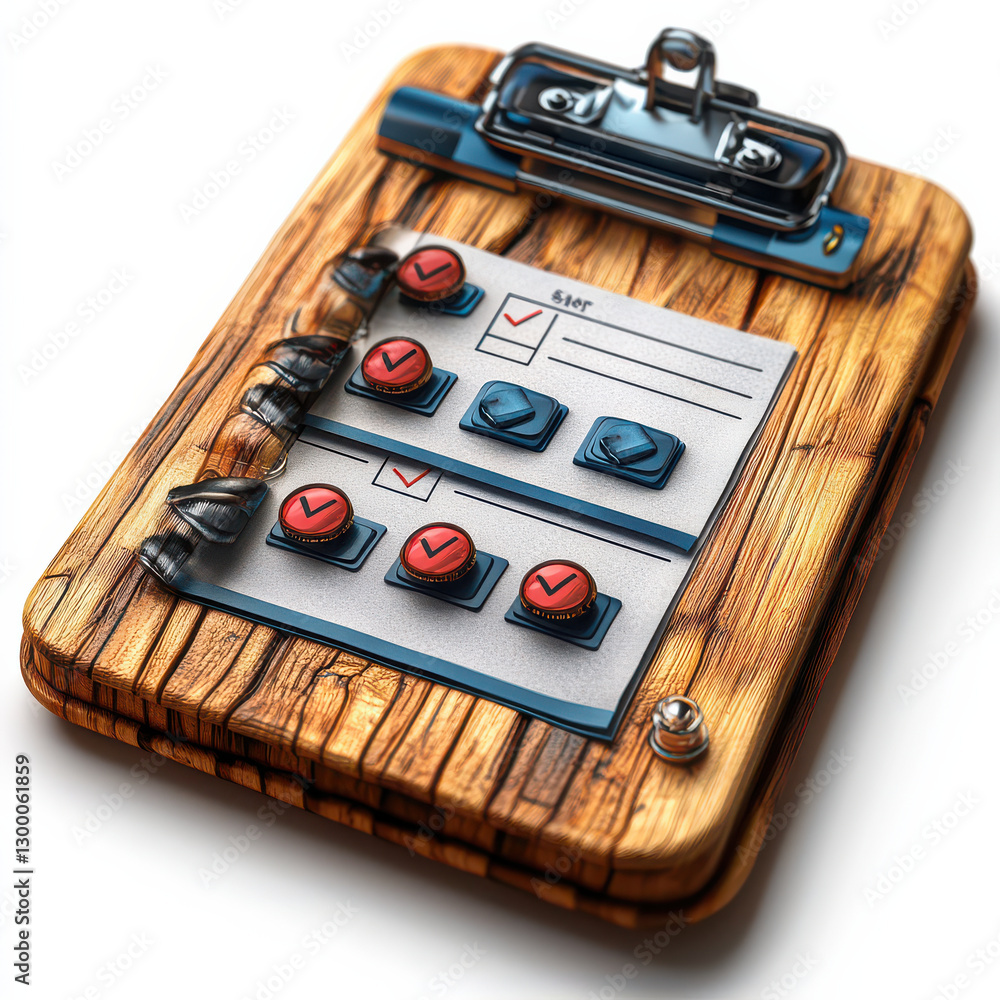 Poster wooden clipboard with checklist featuring red and blue checkmarks symbolizes business roadmap and su