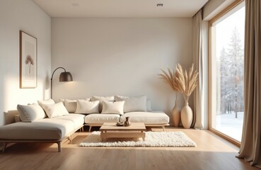 Fototapeta premium Modern minimalistic living room interior with white walls, hardwood floors. Large window with winter forest view. Beige couch with pillows, pampas grass decor, stylish lamp create ambience of comfort.