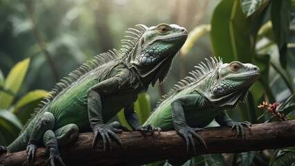 Obraz premium Two green iguanas perched on a branch amidst lush foliage.