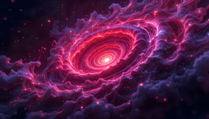 Abstract Swirling Nebula with Vibrant Red and Purple Glowing Particles