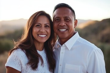 A happy Asian couple in their 50s smiles warmly against a desert backdrop, wearing classic white shirts, with soft shadows adding to the golden hour charm