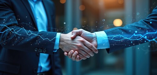 Close-up of handshake between two businessmen with digital graph overlay. Concept of partnership, successful business, dealing, merger, acquisition, finance, investment. Joint venture teamwork