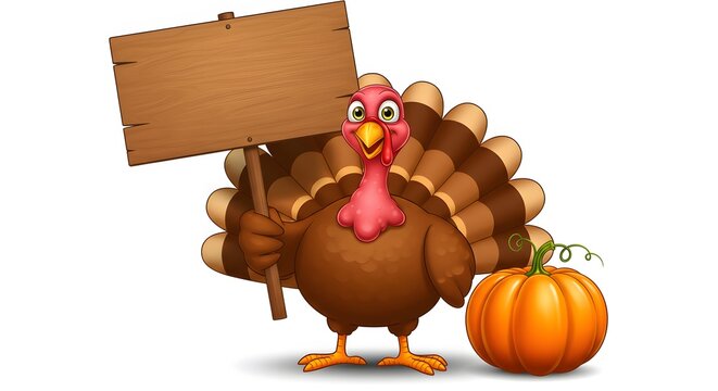 Happy Thanksgiving Turkey Cartoon with Sign and Pumpkin, Festive Holiday Illustration