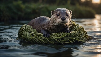 Obraz premium An otter resting on a nest of grass in a serene water setting.