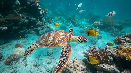 Obraz premium Majestic Sea Turtle Gracefully Navigating Vibrant Coral Reef