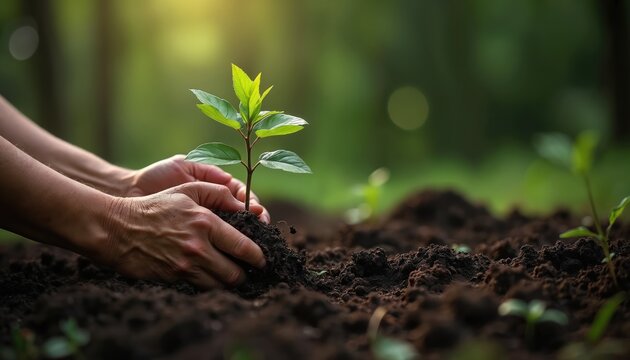 Hands hold small plant with soil. Gardening, seedling care, cultivation. Growth of plants reduce global warming, saving biodiversity. Farming, agriculture, environmental conservation. Earth day. - Powered by Adobe