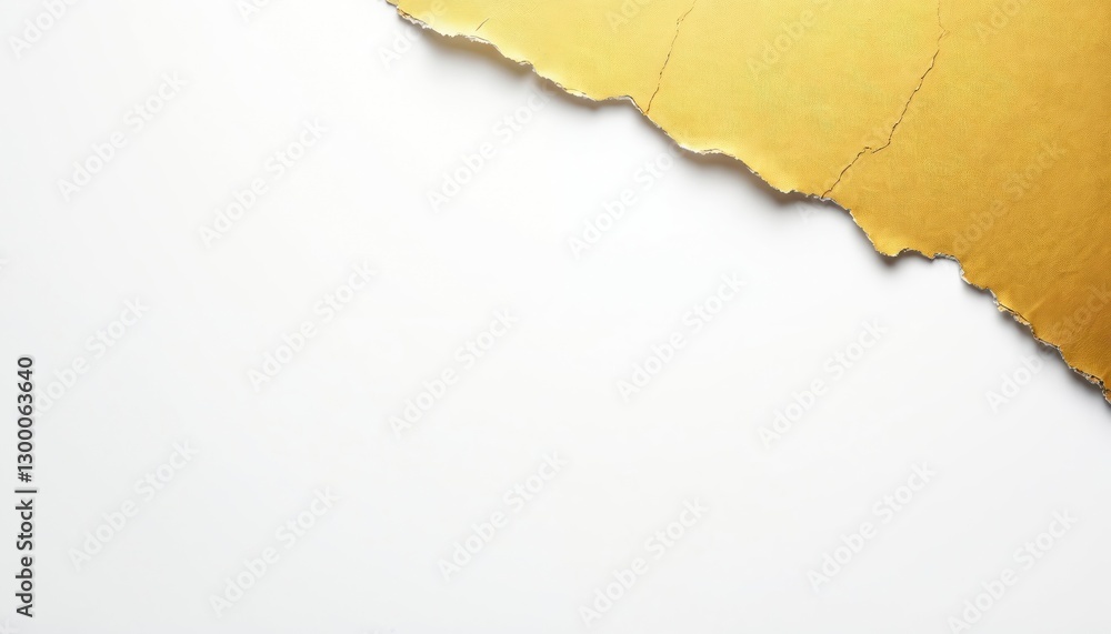 Poster torn edge of golden paper against white surface creates dynamic contrast. design element for project