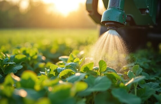 Machine sprays liquid fertilizer onto green crop plants at sunset. Farm machinery applies irrigation, nutrients for growth. Automated agriculture, sustainable farming, precision technology for