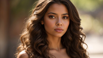 Fototapeta premium Thoughtful Young Latina Woman with Long Wavy Brown Hair