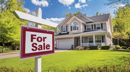 For sale sign displaying family home suburban neighborhood real estate image residential area eye-level perspective home selling concept