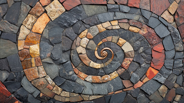 A close-up of an exquisite mosaic featuring interlocking spiral designs, created from naturally weathered stones arranged in an artful, harmonious pattern