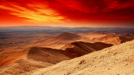 Naklejka premium Fiery Desert Sunset Landscape: Vibrant Red Sky Over Brown Mountains
