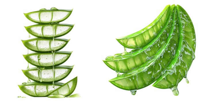 Vibrant herbal ingredients for botanical hair care branding. Fresh aloe vera slices arranged neatly, showcasing their vibrant green color and natural gel consistency